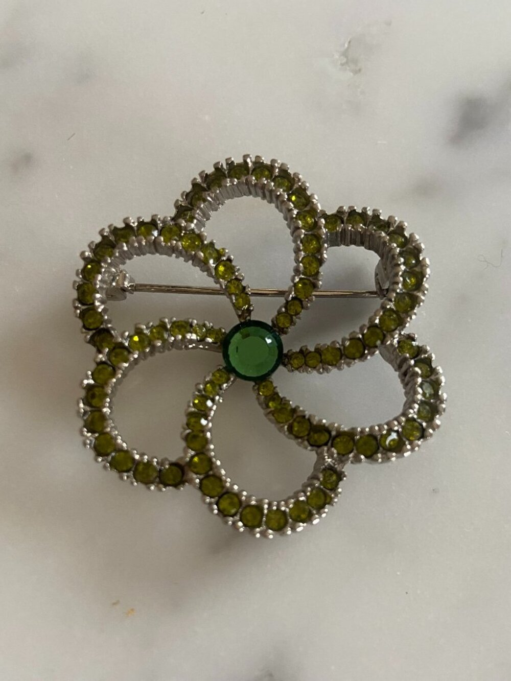 Silver and Green Stone Flower Pin